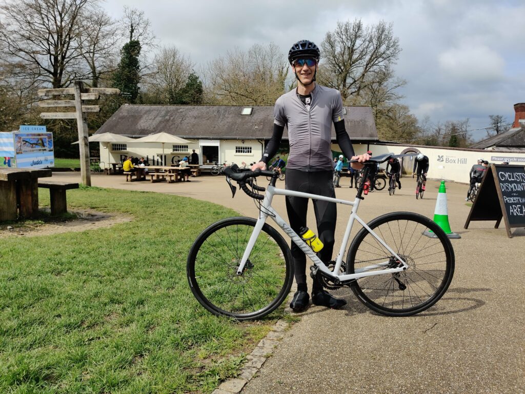 Peter riding the brand new Specialized Allez Disc at Box Hill, Surry