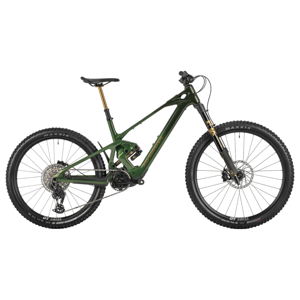 A green and black Mondraker Zendit RR S electric mountain bike side on with fox podium forks
