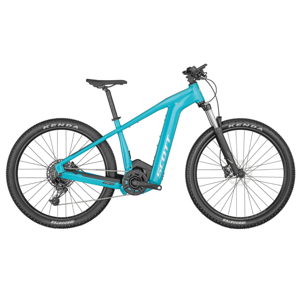 A bright teal blue Scott Aspect eRide 920 hardtail emtb