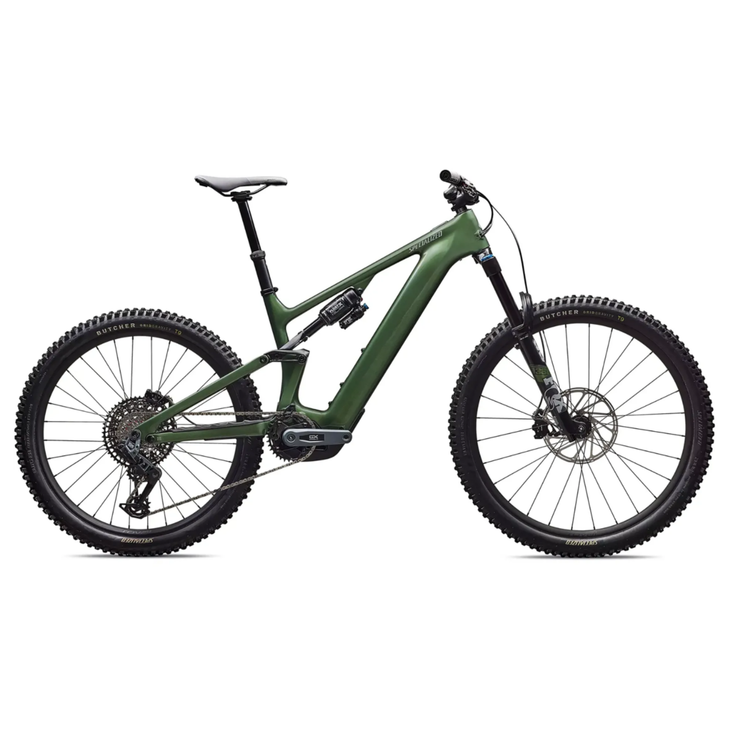 A green specialized turbo Levo 4 electric mountain bike at a side on angle