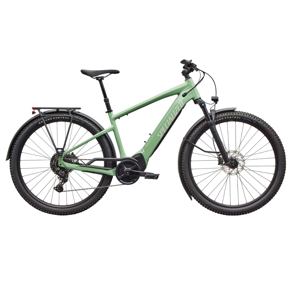 A green Specialized Turbo Tero 4.0 equipped hardtail electric mountain bike side on