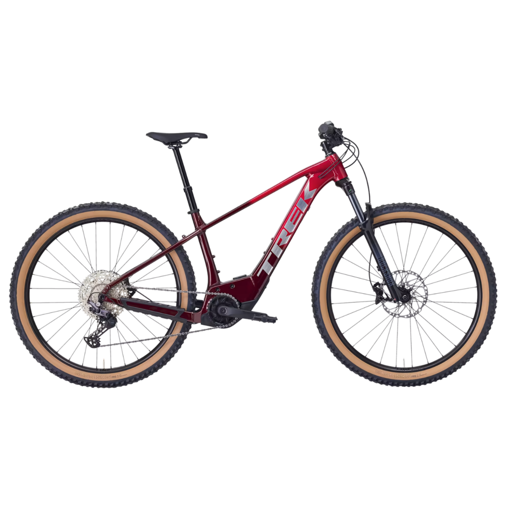 A two tone red Trek Marlin+ 8 hardtail electric mountain bike side on