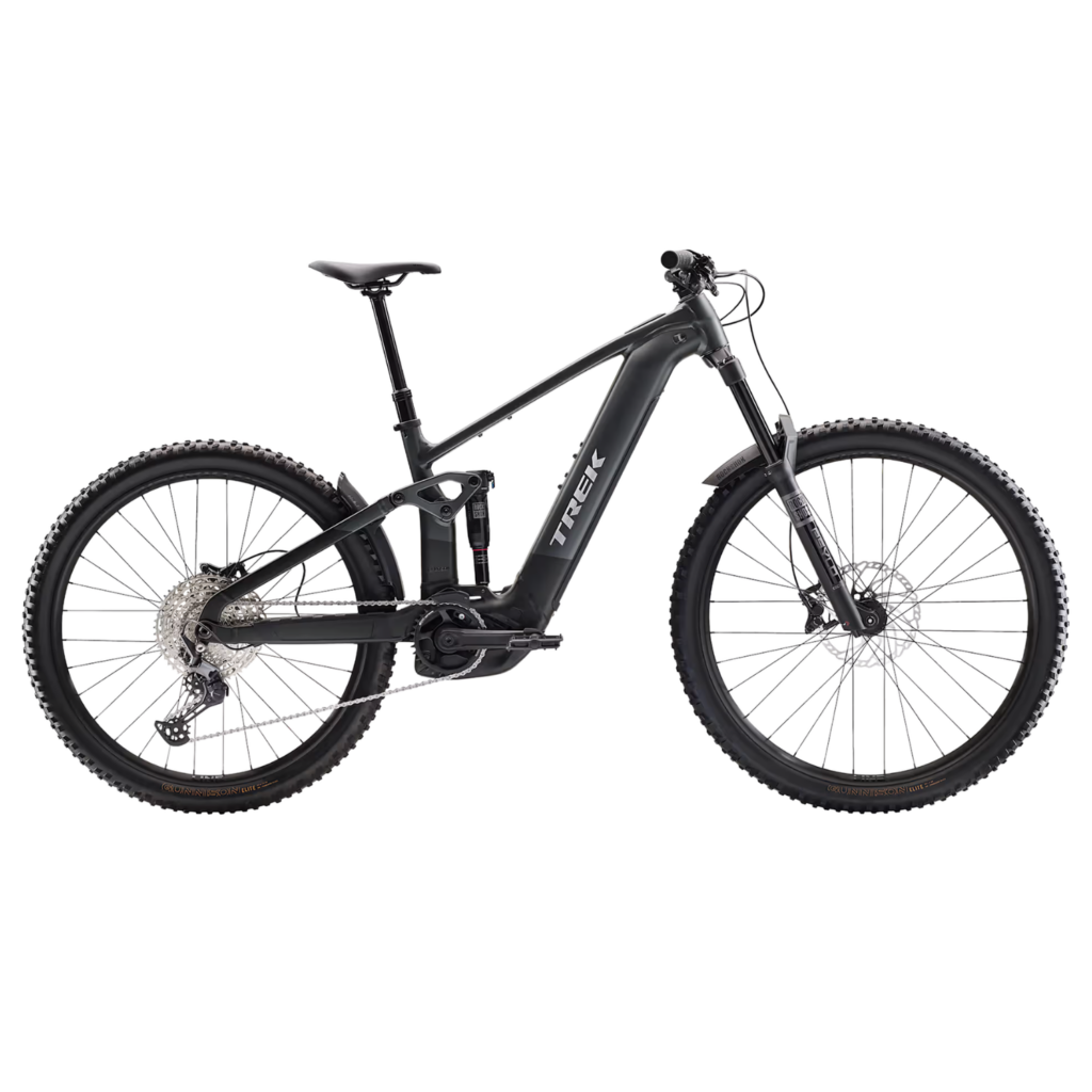 A black Trek Rail+ 5 electric mountain bike side on to camera